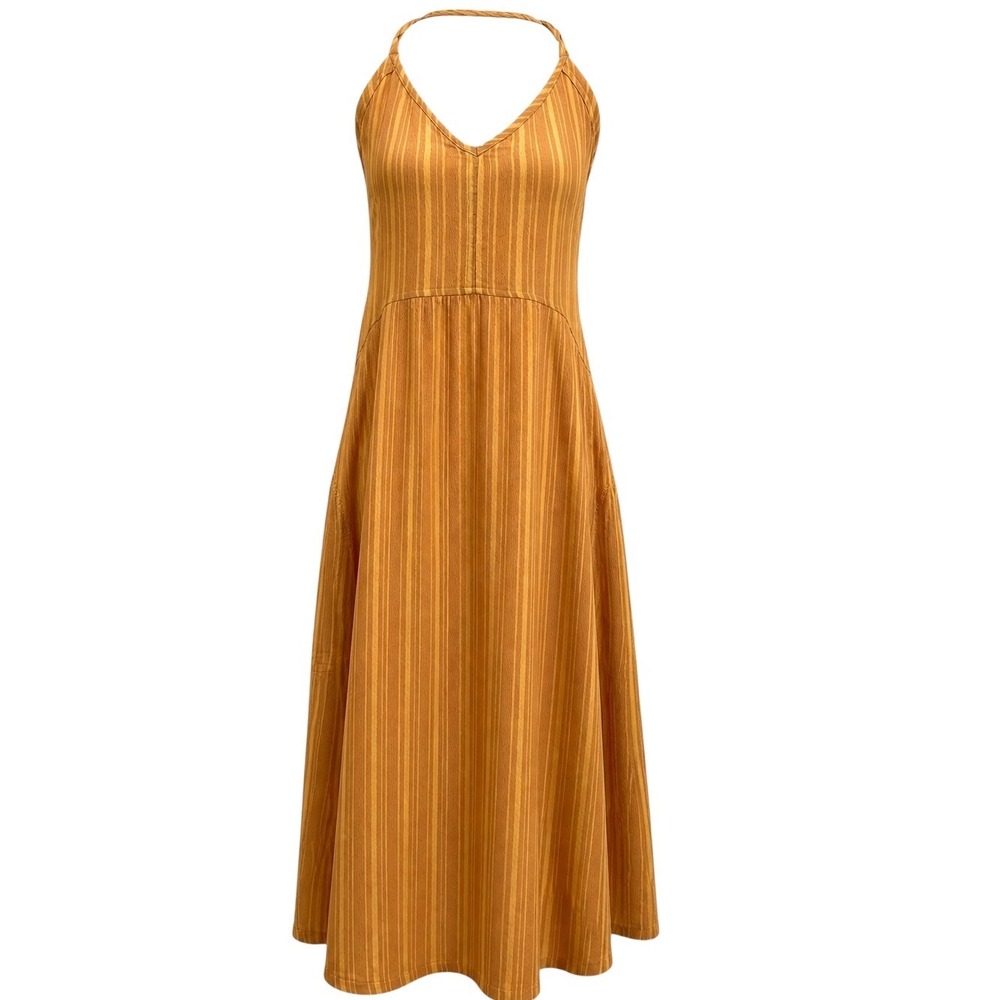 Prana Halter Midi Dress Mustard Yellow Striped Boho Breezy Summer Casual